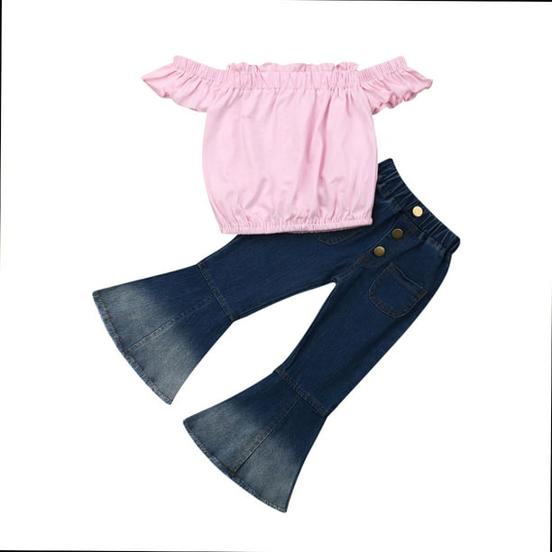 Jchen Toddler Baby Girl Off Shoulder Solid Tops+Flare Pants Scarf Sets Summer Outfits for 1-5 T TM 